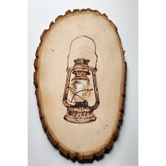Lantern Wood Burned Pyrography Raw Edge Wood Slab Hand Crafted 15x9 - Picture 2 of 5